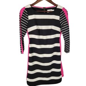 Eliza J Black Striped Pink Edge Long Sleeve Scoop Neck Mini Dress 2P 2 Petite